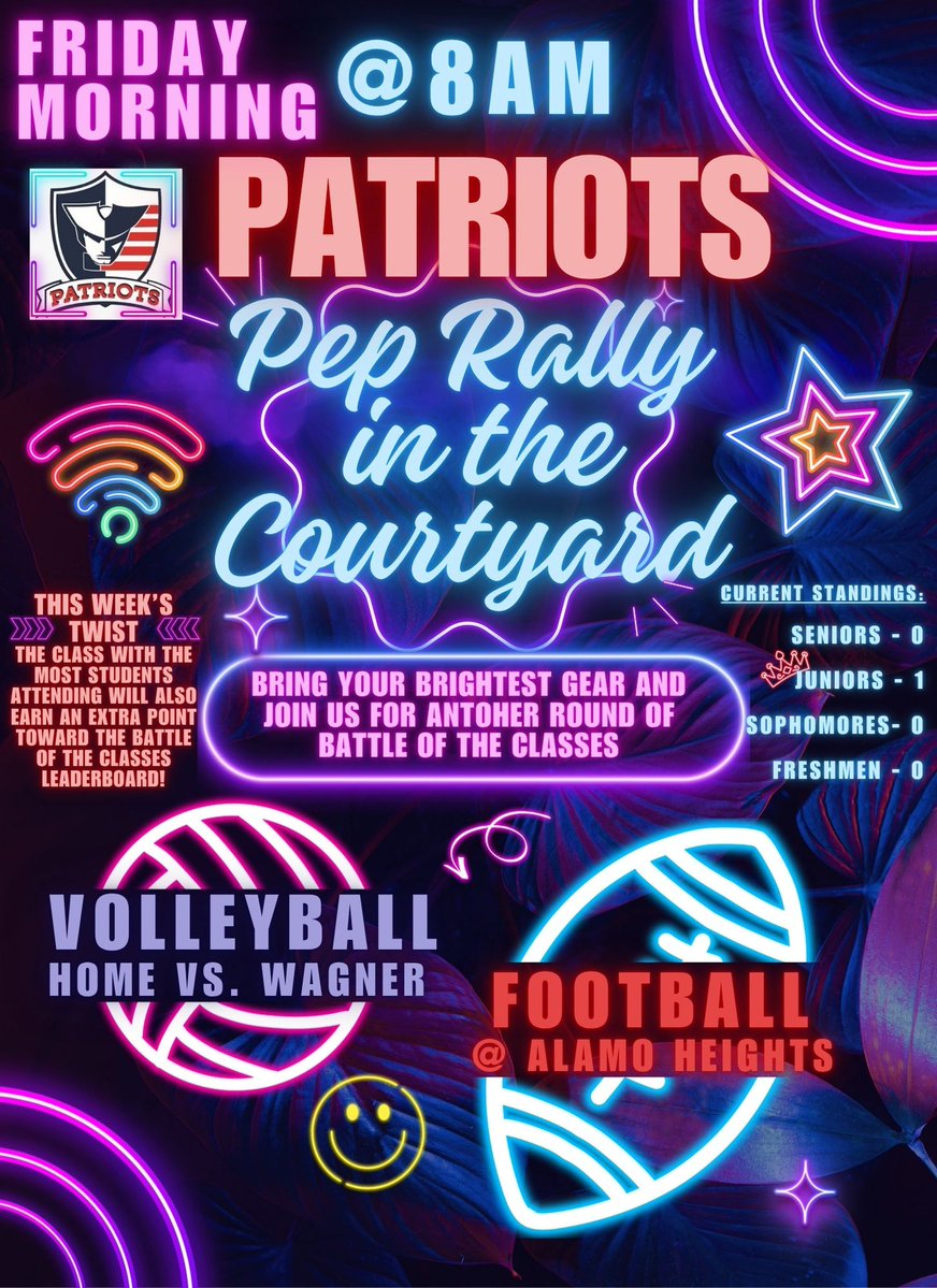 Veterans Memorial High School (@saveteranshs) on Twitter photo PEP RALLY FRIDAY @ 8 AM in the Courtyard! ๐ Attendance is keyโthe class with the most students earns a Battle of the Classes point! Wear your brightest gear & cheer on Volleyball/Football! ๐ฅ #PatriotNation #LevelUpLearning #JudsonISD PEP RALLY FRIDAY @ 8 AM in the Courtyard! ๐ Attendance is keyโthe class with the most students earns a Battle of the Classes point! Wear your brightest gear & cheer on Volleyball/Football! ๐ฅ #PatriotNation #LevelUpLearning #JudsonISD