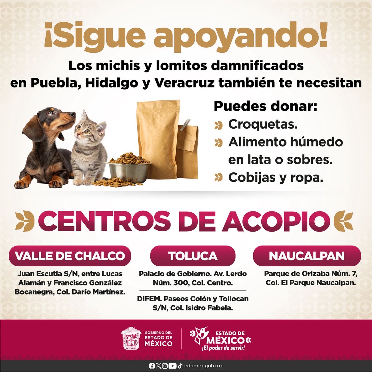 Los michis y lomitos damnificados en #Puebla #Hidalgo y #Veracruz también necesitan de tu ayuda. Súmate al #AcopioEdoMéx y brinda tu ayuda donando croquetas, aliento húmedo, cobijas o ropa. 
#ElPoderDeServir