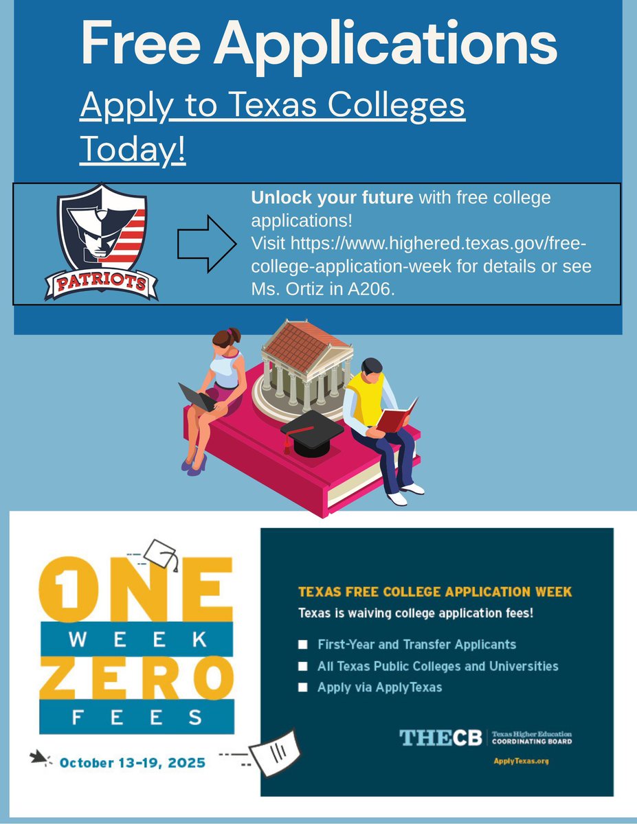 Veterans Memorial High School (@saveteranshs) on Twitter photo MONEY-SAVING ALERT! ๐ฐ Texas Free College Application Week is Oct. 13-19, 2025! Texas residents apply to any public college for FREE through ApplyTexas! Get your apps ready now! โฐ #PatriotNation #LevelUpLearning #JudsonISD MONEY-SAVING ALERT! ๐ฐ Texas Free College Application Week is Oct. 13-19, 2025! Texas residents apply to any public college for FREE through ApplyTexas! Get your apps ready now! โฐ #PatriotNation #LevelUpLearning #JudsonISD