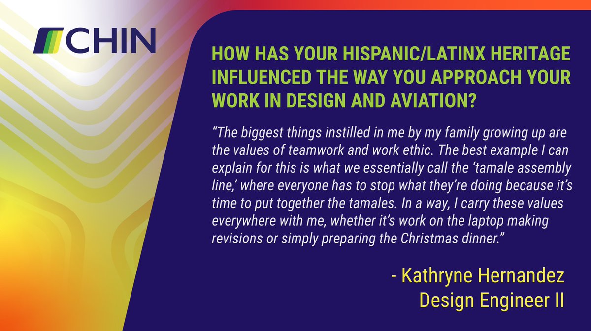 This #HispanicHeritageMonth we’re celebrating the stories that shape CHIN.

Meet Kathryne Hernandez. Her family’s “tamale assembly line” taught her the power of teamwork – a value she brings to every project improving airport facilities and connecting communities. #CHINTeam