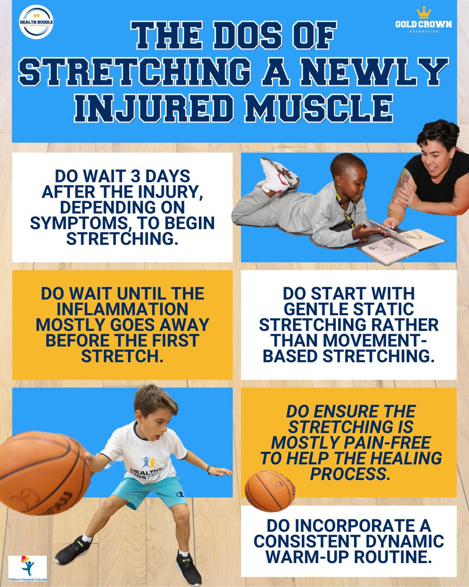 ➡️Stretching is important after an injury, but when is the right time to begin stretching a recently injured muscle?

Discover the dos &amp; don'ts from our expert partners at the Sports Medicine Center of <a href="/ChildrensColo/">Children's Hospital Colorado</a>!💛👑

#WellnessWednesday #HealthHuddle

goldcrownfoundation.com/properly-stret…