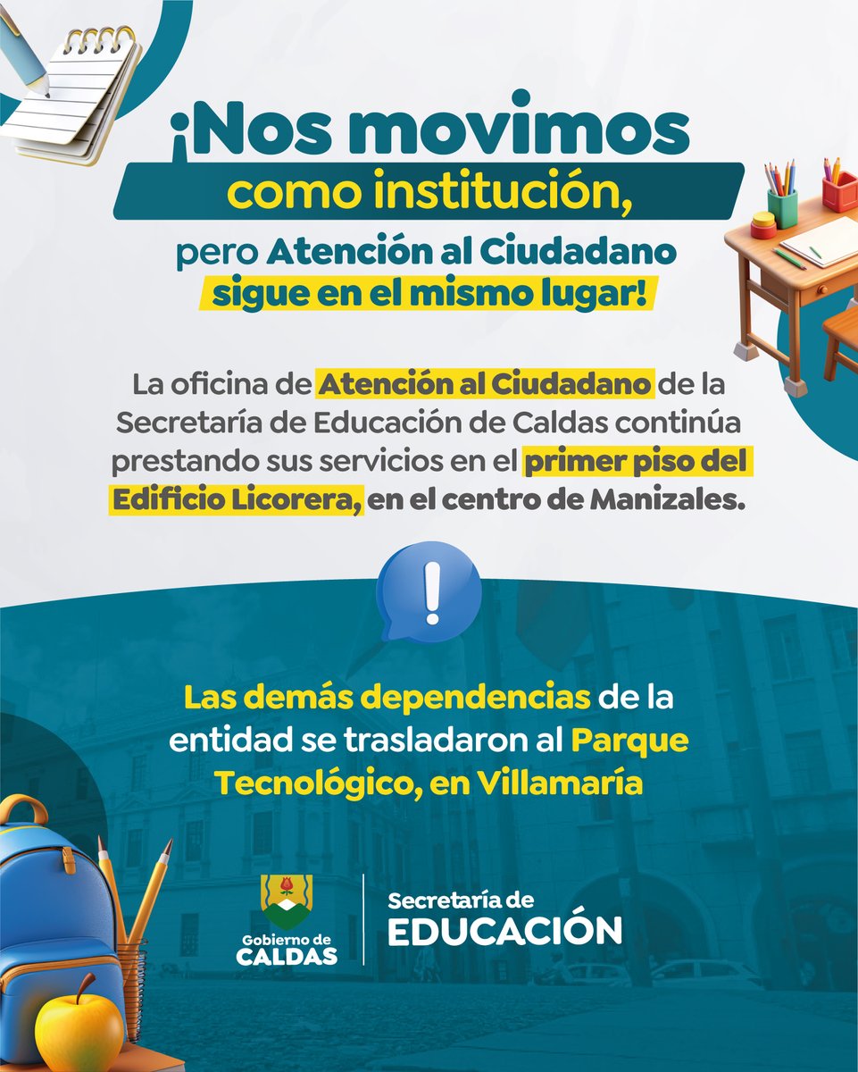 🚨 ¡Atención al Ciudadano sigue en el mismo lugar!

La Secretaría de Educación de Caldas se trasladó al Parque Tecnológico de Villamaría, pero la Oficina de Atención al Ciudadano continúa en el Edificio Licorera, en el centro de Manizales, en el horario  de 8:00 a.m. a 6:00 p.m.