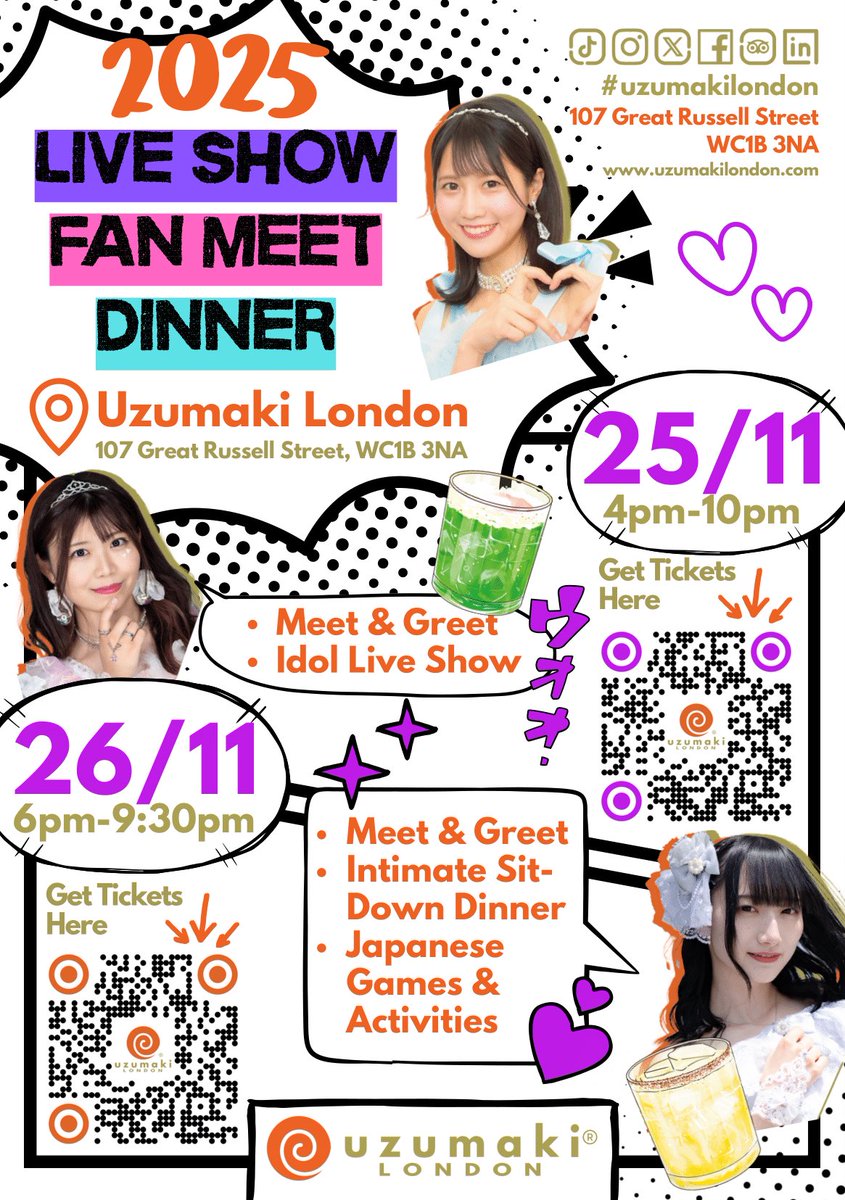 🇬🇧I'm teaming up with Uzumaki London again to host 2 nights of Japanese music, food &amp; entertainment with my idol friends Runo &amp; Juna!💕

🎤25th Nov J-POP Idol Night
eventbrite.co.uk/e/uzumaki-j-po…

🍜26th Nov Fan Meet &amp; Intimate Dinner
eventbrite.co.uk/e/uzumaki-j-po…
Hope to see you all there!🥰