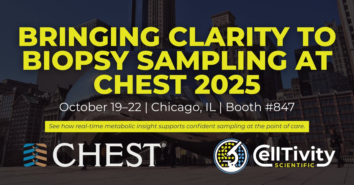 celltivity's tweet image. With #CHEST2025 happening next week, we’re looking forward to connecting with clinicians, researchers, and innovators in pulmonary care.

Visit us at booth #847 to talk about real-time metabolic insight, confident biopsy sampling, and collaboration at the point of care.

#medtech