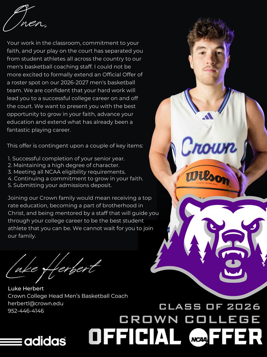 owen_smith03's tweet photo. After a great conversation with @Coach_Van_Dam I am truly blessed to receive my first offer from Crown College!! https://t.co/wzd0e1UVdq