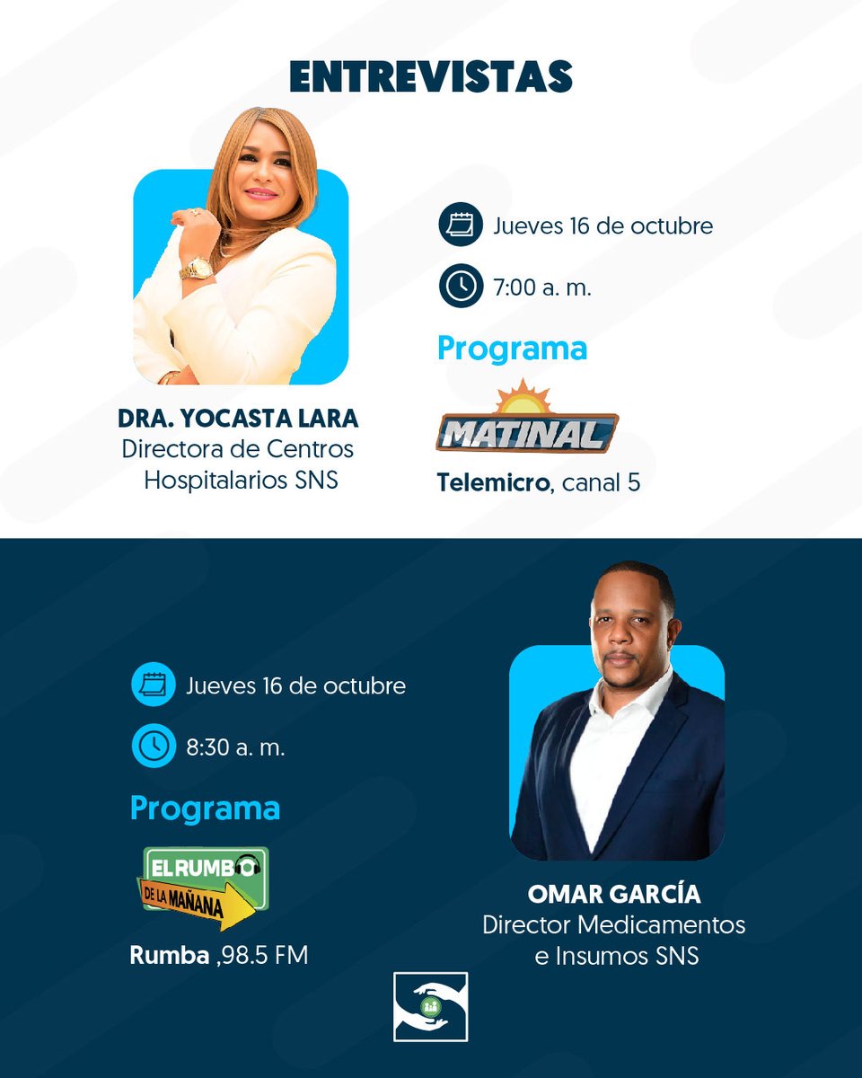 🗓️ Este jueves 16 de octubre, sintoniza las entrevistas de nuestros directivos SNS, quienes abordarán los avances y logros que fortalecen la Red Pública de Servicios de Salud.