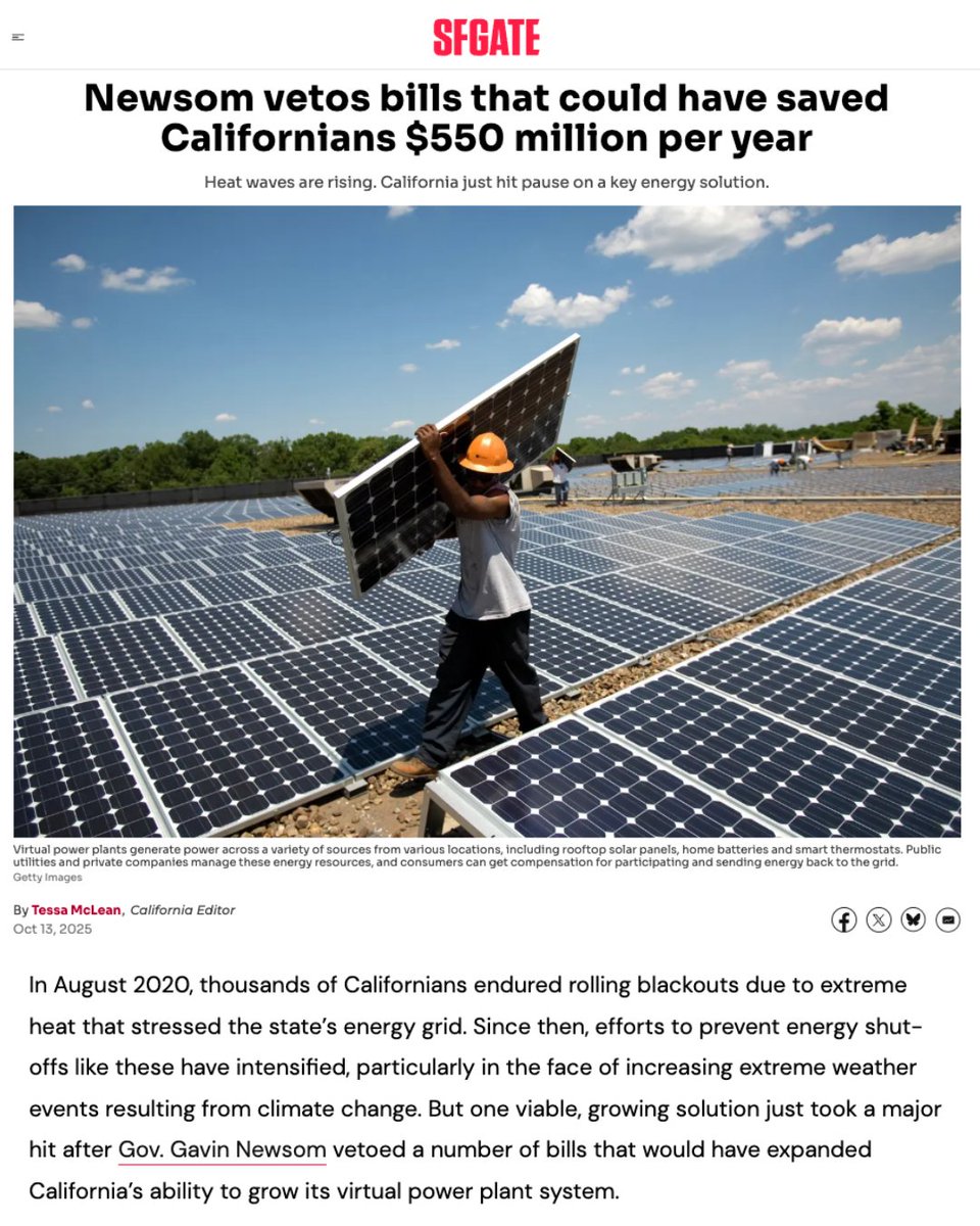 climatecampaign's tweet image. 🚨 From @SFGate: Virtual power plants (VPPs) aggregate power from rooftop solar, home batteries, and more, saving electricity customers money. #AB44, #AB740, and #SB541 would have expanded CA’s use of VPPs. @gavinnewsom just vetoed the bills. More: loom.ly/vBzpH7A