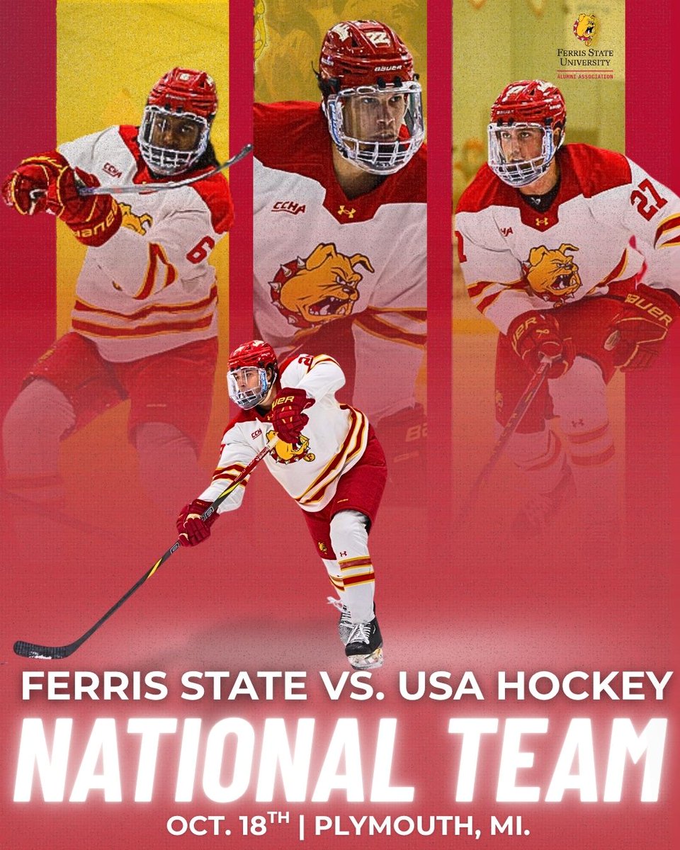 FerrisAlumni's tweet photo. Get loud for your Dawgs as they hit Plymouth, MI, to face off against the USA Hockey U-18 National Team! 🐾

#FERR1S #FerrisForward #BeABulldog https://t.co/k4cMTyzkHq