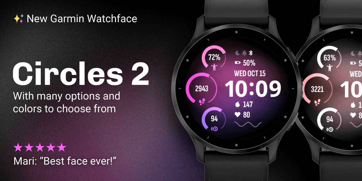 Happy to announce the release of the 'Circles 2' watchface for Garmin! Make sure to try it out while it's in free beta. #garmin #venu4 #venu3 #vivoactive6 #connectiq apps.garmin.com/en-US/apps/bba…