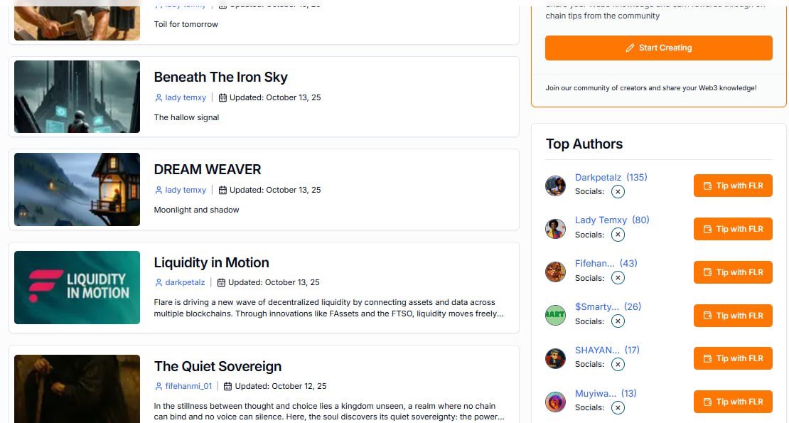 was reading some articles on <a href="/Capella_dApp/">Capella</a>

the cool thing is if you like what you read, you can send onchain tips, so i just sent some $FLR to the top creators

go check your wallets 👀

if you love to write and already have a community, you should check it out

create &amp; earn 🧡