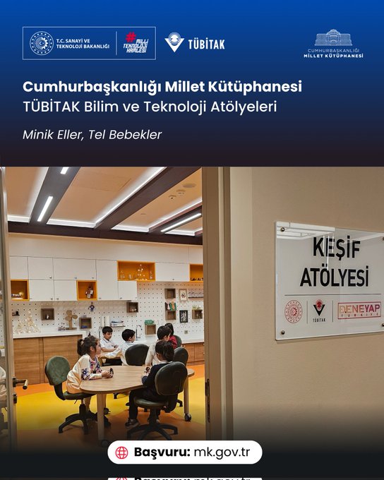 First image shows a modern workshop room with shelves cabinets lab equipment yellow chairs tables and a sign reading Kısif Atölyesi on the wall with TÜBİTAK and other logos at top. Second image depicts children and adults in a bright room with wooden tables chairs engaging in activities possibly crafting with guidance from facilitators. Third image features young children at a table using scissors paper and materials to create wire dolls or crafts under supervision. Fourth image displays a group of children sitting on the floor holding up handmade wire dolls in various colors smiling and participating in the activity with colorful walls in background.
