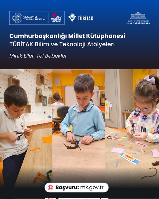 First image shows a modern workshop room with shelves cabinets lab equipment yellow chairs tables and a sign reading Kısif Atölyesi on the wall with TÜBİTAK and other logos at top. Second image depicts children and adults in a bright room with wooden tables chairs engaging in activities possibly crafting with guidance from facilitators. Third image features young children at a table using scissors paper and materials to create wire dolls or crafts under supervision. Fourth image displays a group of children sitting on the floor holding up handmade wire dolls in various colors smiling and participating in the activity with colorful walls in background.