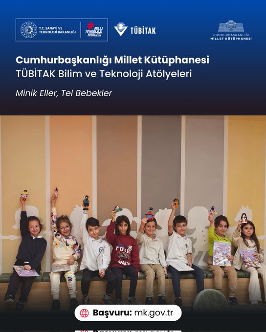 First image shows a modern workshop room with shelves cabinets lab equipment yellow chairs tables and a sign reading Kısif Atölyesi on the wall with TÜBİTAK and other logos at top. Second image depicts children and adults in a bright room with wooden tables chairs engaging in activities possibly crafting with guidance from facilitators. Third image features young children at a table using scissors paper and materials to create wire dolls or crafts under supervision. Fourth image displays a group of children sitting on the floor holding up handmade wire dolls in various colors smiling and participating in the activity with colorful walls in background.