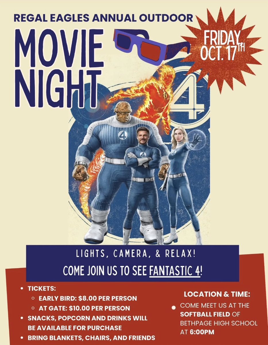 Come join us for our annual movie night on Friday, October 17 at 6PM where we will be watching Fantastic 4! Tickets at $10 at the door. Bring your friends &amp; enjoy this spectacular movie at the BHS Softball Field! 🦅💙