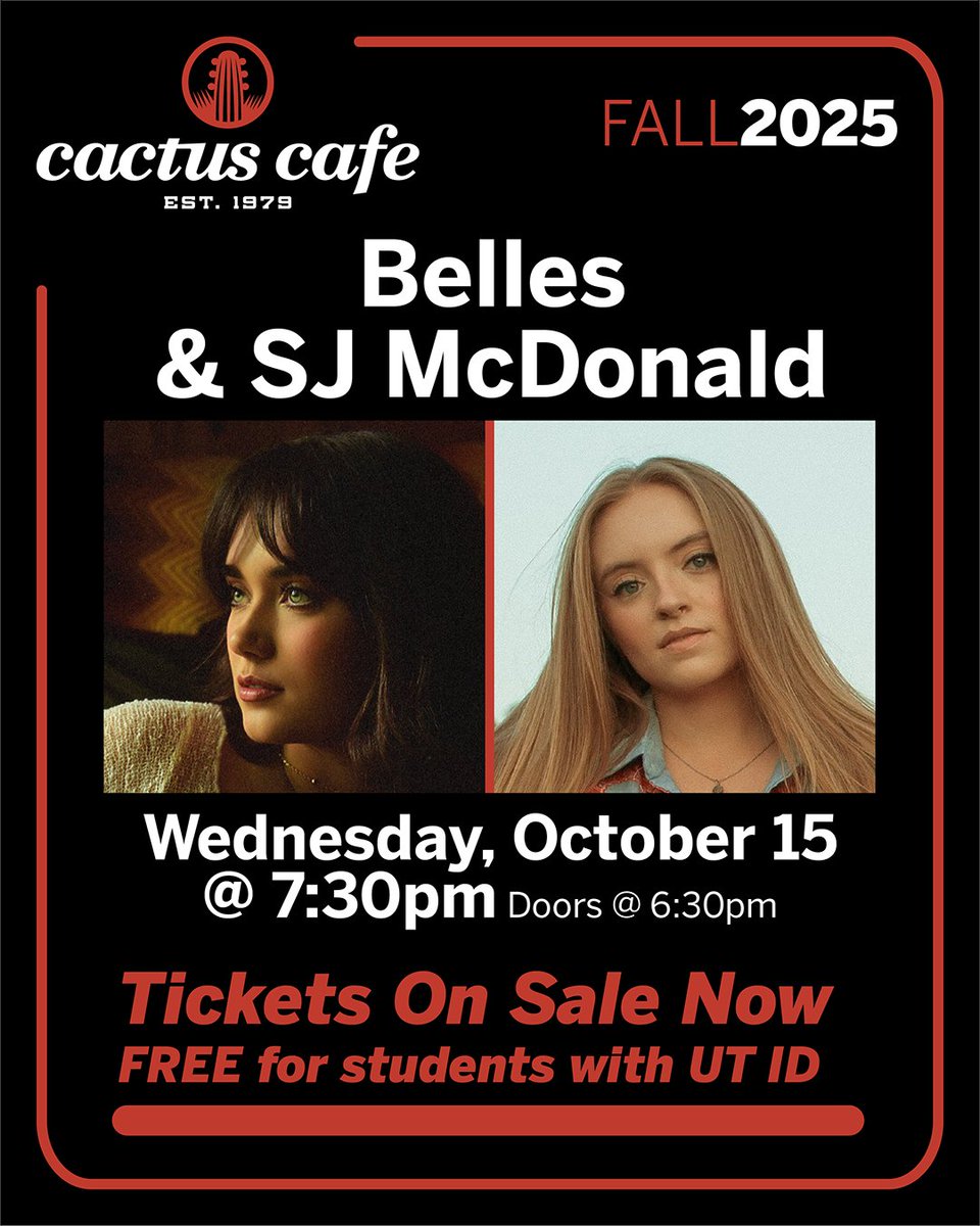 cactuscafeatx's tweet image. Looking for an electric performance complete with vivid storytelling? Come see Kelli Belles and SJ McDonald at the Cactus TONIGHT!
To purchase your tickets, please visit utunions.org/events.
#AustinMusic #CactusCafe #LiveMusicAustin #LivingTheLonghornLife