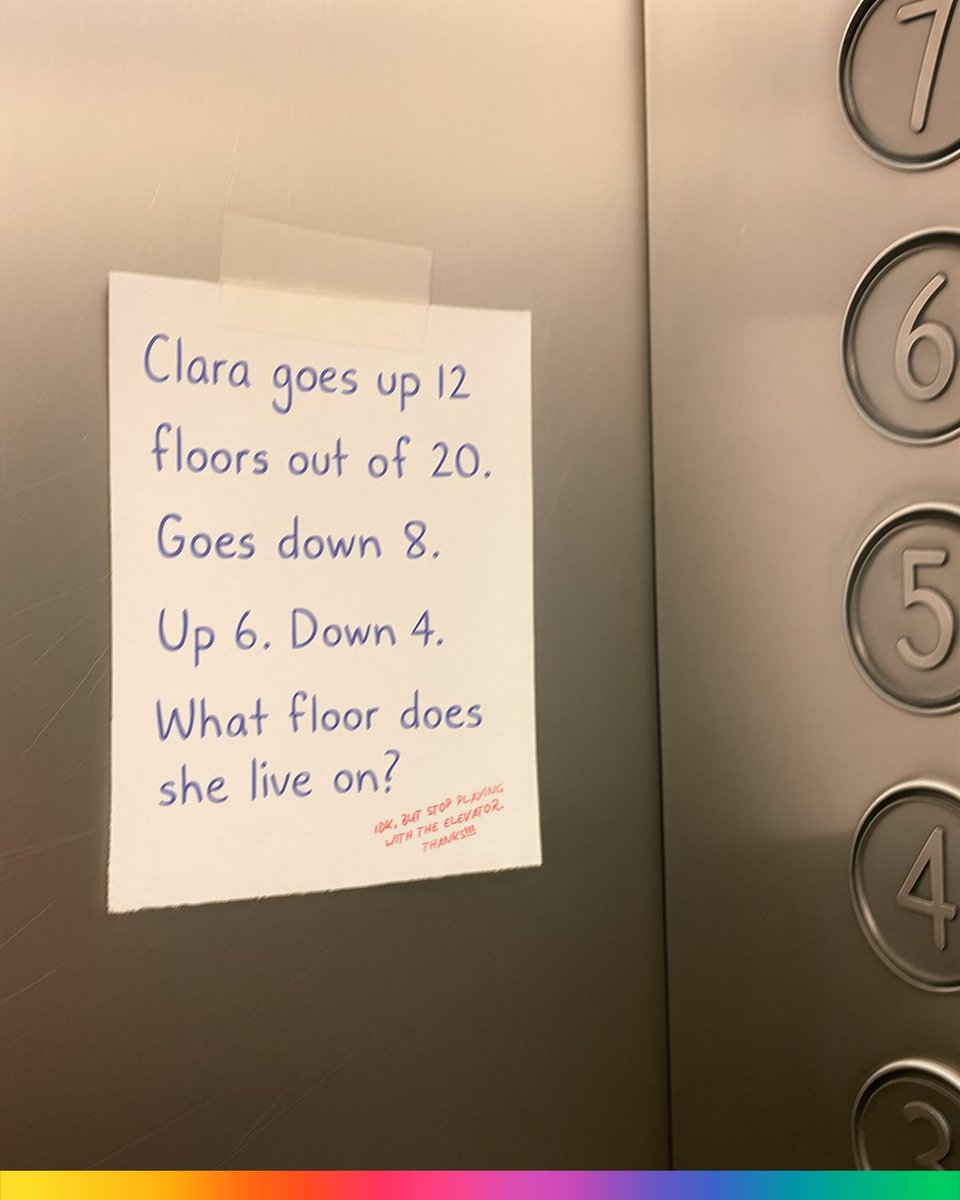 TriviaCrack's tweet image. Good neighbors, report! This tenant is clearly confused, can you help them out?

#goodneighborday #trivia #elevator #math #riddle