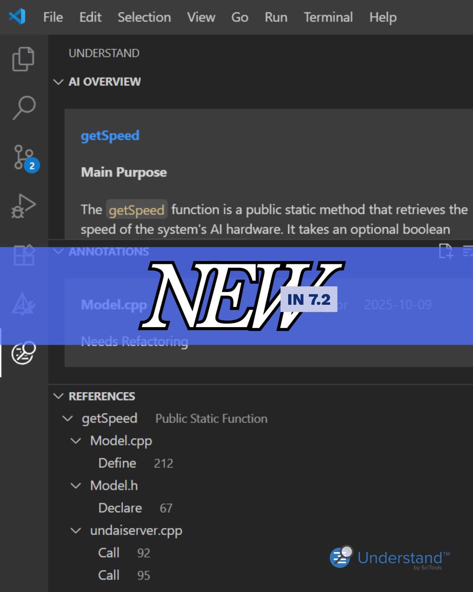 CodeUnderstand's tweet image. Big news for our VS Code users! The Understand extension just got a major upgrade — bringing AI overviews, annotations, graphs and references right inside your favorite editor.
Read more about the changes here:
support.scitools.com/a/solutions/ar…