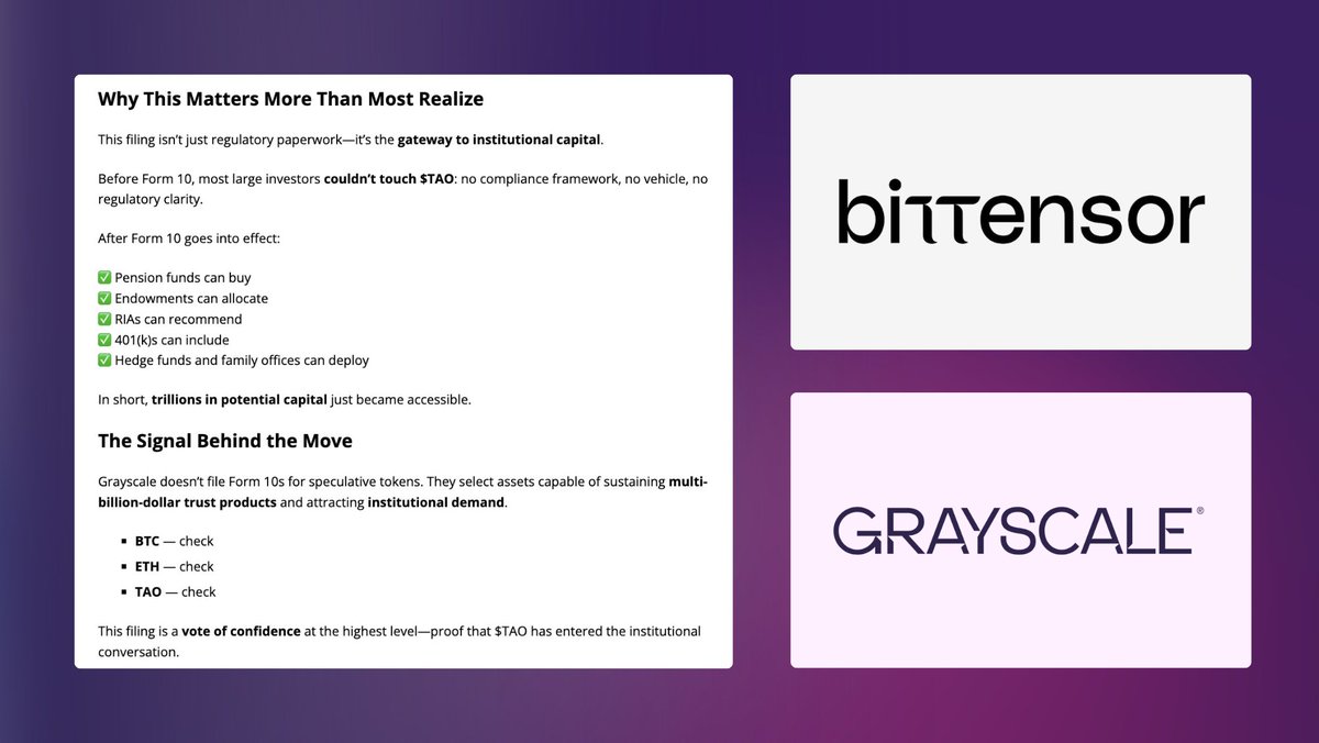 Why the Form 10 SEC filing for #Bittensor by @grayscale matters

"Before Form 10, most investors couldn't touch $TAO

After Form 10 goes into effect:

✅ Pension funds can buy
✅ Endowments can allocate
✅ RIAs can recommend
✅ 401(k)s can include
✅ Hedge funds and family