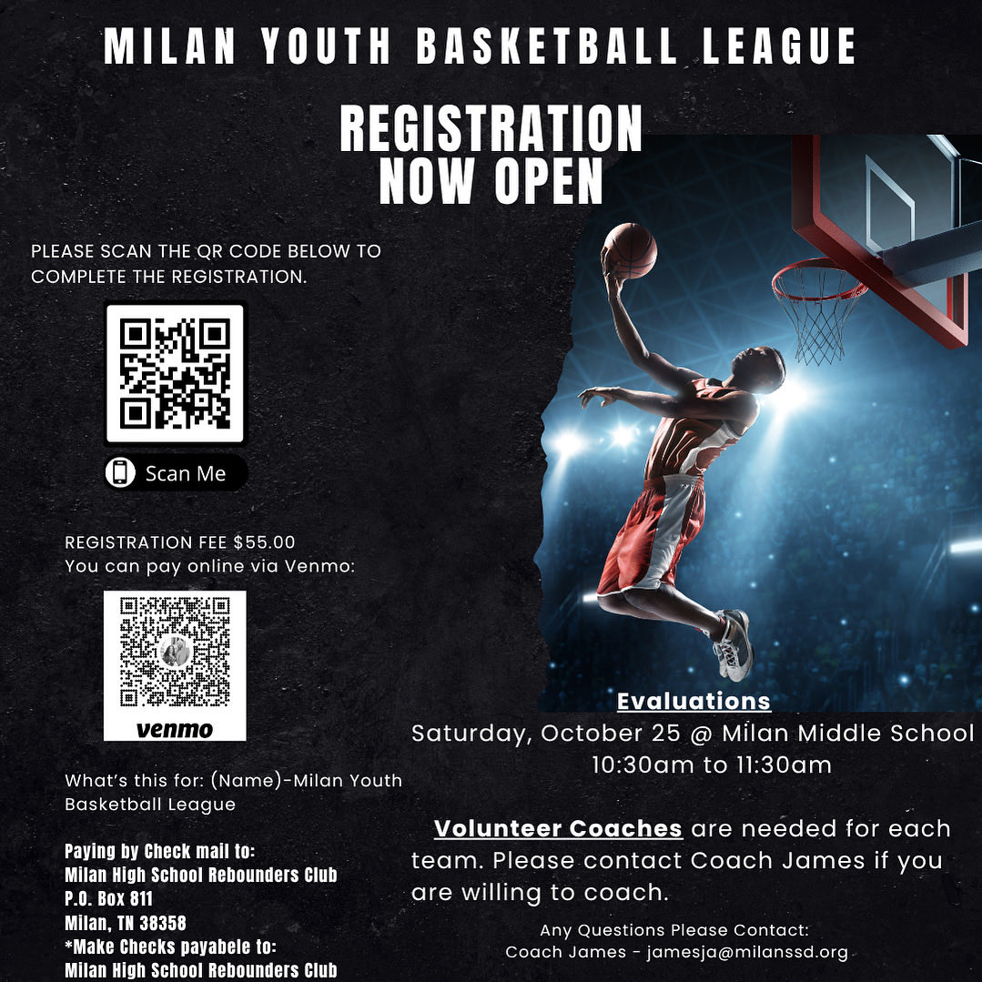 Milan Youth Basketball Update!
Registration has been extended for a week
Also-we have changes to evaluations:
New Date: Saturday, Oct. 25
New Location: Milan Middle School Gym; 10:30am to 11:30am
Don’t miss a chance to get your son signed up! Spread the word!
#MYBL #BulldogPride