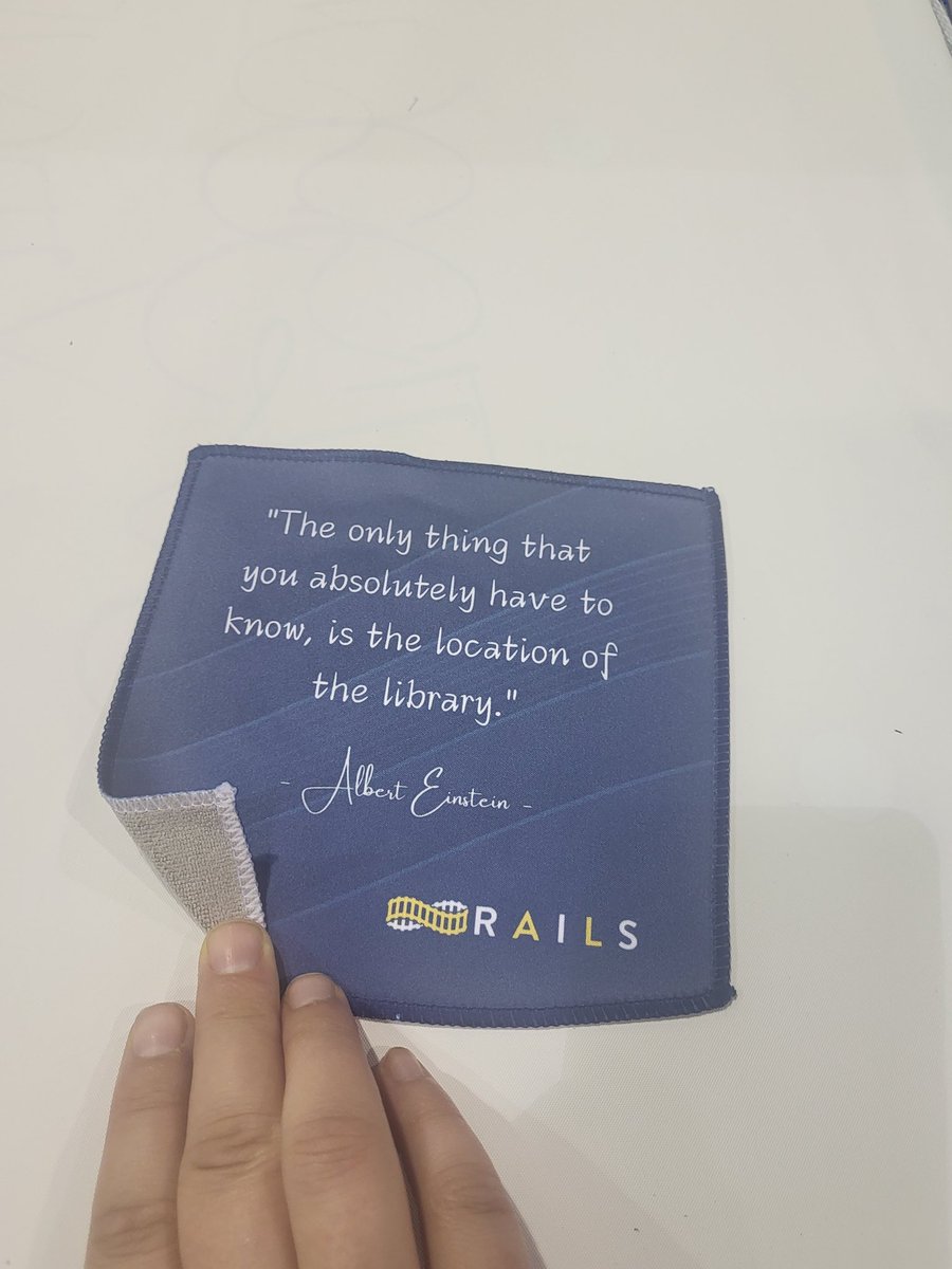 Best swag ever, RAILS! What do lots of librarians wear? Glasses! It's a glasses cleaner. Thanks #ILAAC25