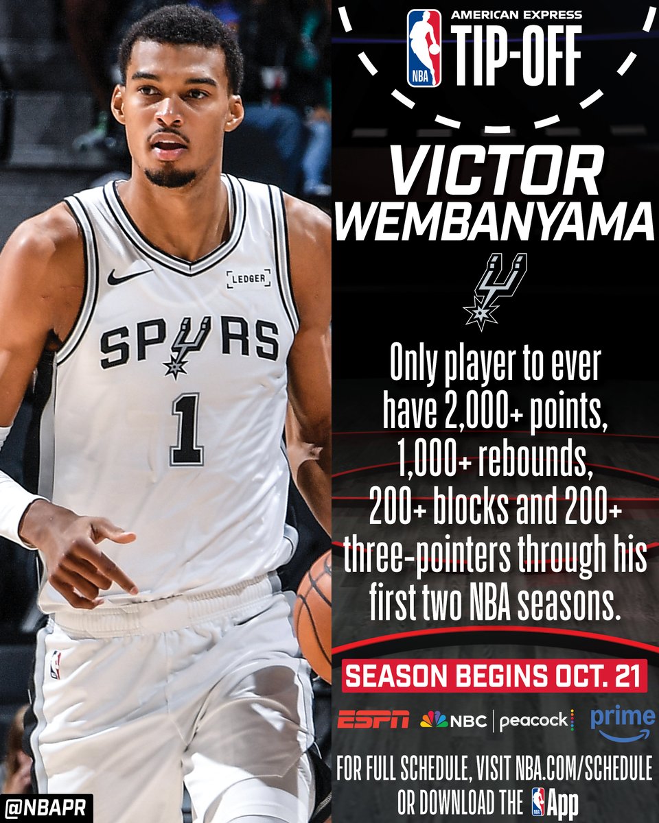 Victor Wembanyama is the only player to have 2,000+ points, 1,000+ rebounds, 200+ blocks and 200+ three-pointers through his first two NBA seasons.

Wembanyama and the <a href="/spurs/">San Antonio Spurs</a> tip off their season when they visit the <a href="/dallasmavs/">Dallas Mavericks</a> on Wednesday, Oct. 22 at 9:30 PM ET on ESPN.