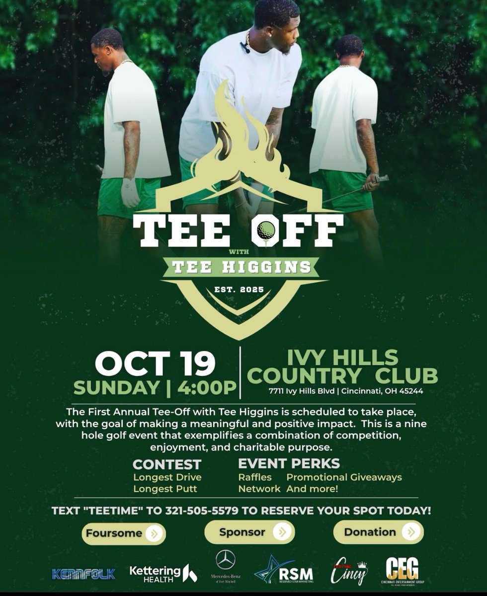 bstallard11's tweet photo. ⛳️ The Tee Off with Tee Higgins Invitational is almost here!

A day of golf, special guests, and giving back. Celebrating Tee Higgins’ impact off the field and the difference being made across our community.

Website: https://t.co/CP3HFdFPlu

#TeeOffWithTeeHiggins https://t.co/H5RVUX1nLN