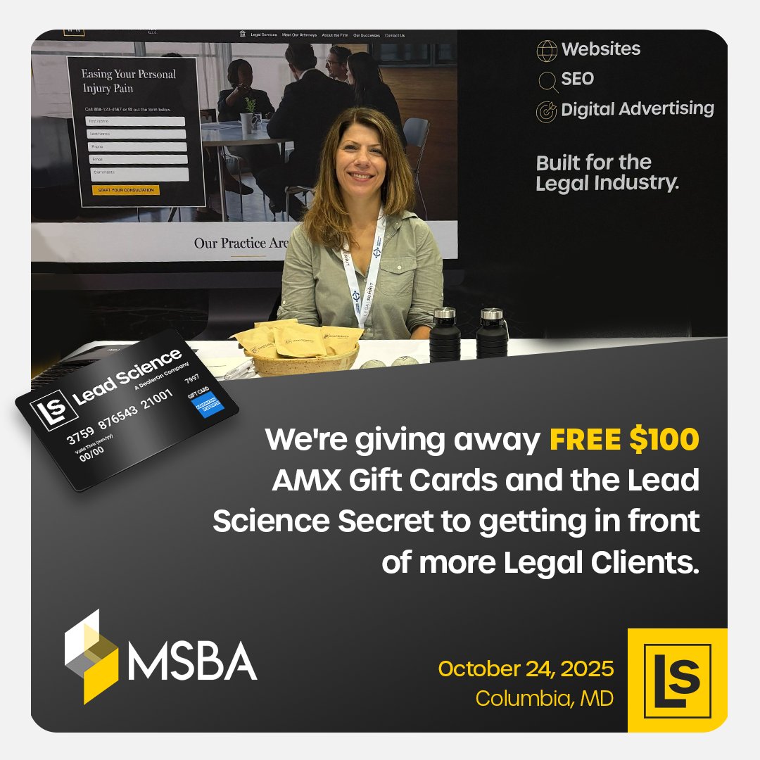 _LeadScience's tweet photo. MSBA Solo &amp; Small Firm is next week and we want to give you $100.

Meet us at the Lead Science booth for a $100 AMX Gift Card and learn how Lead Science works to win you more clients - https://t.co/d7r5Ruton4

There's a science to digital marketing. Lead Science.

@MarylandBar https://t.co/XyuuuXUtYy