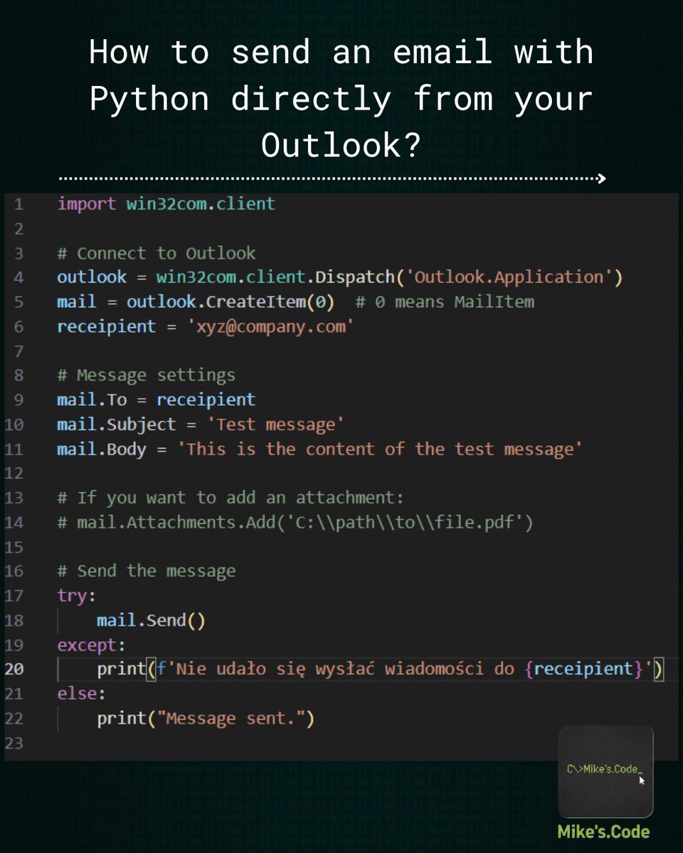 mikes_code1's tweet image. Simple coding tip 🙂 actually very simple email automation but with a little bit more effort you can extend it to whole mailing list. Time saver ⏰ what do you think? 🤔 Would you like to see how whole automation app would look like?
#coding #python3 #codesnippets #programmingtip