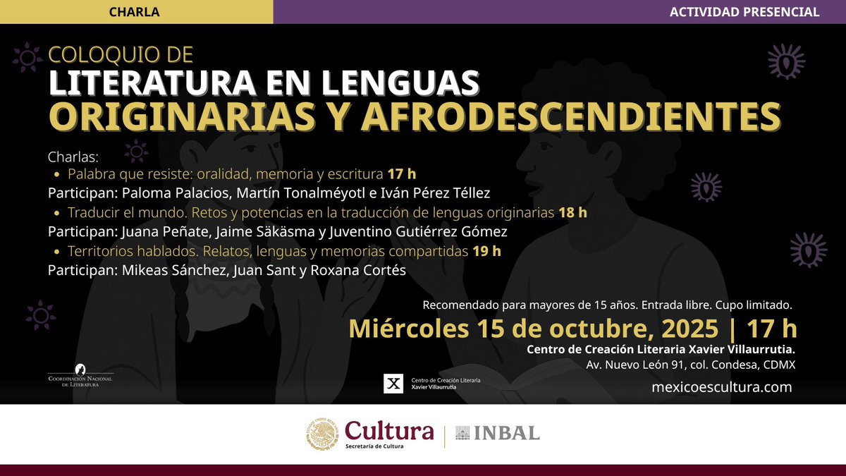 Hoy tendremos el primer día de actividades del “Coloquio de Literatura en Lenguas Originarias y Afrodescendientes”, desde las 17 h

📅 Miércoles 15 y jueves 16 de octubre
📍 CCLXV 
🎟️ Entrada libre