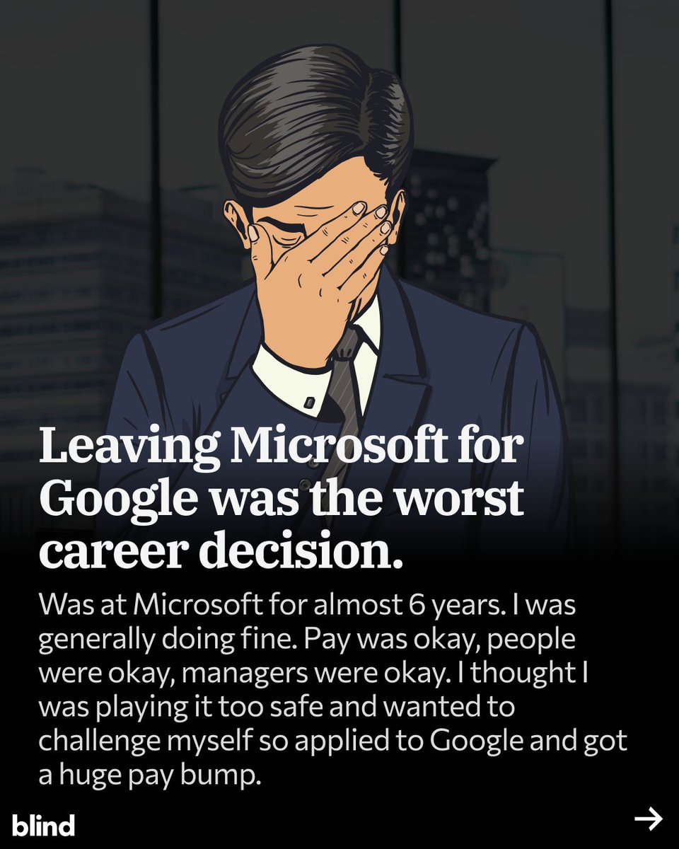 JoinBlind's tweet image. A former Microsoft engineer says switching to Google was “the worst career decision.”
Here’s why—and what other employees said in the comments.
Read the full post on Blind.
#BlindInsights #BigTech #CareerAdvice