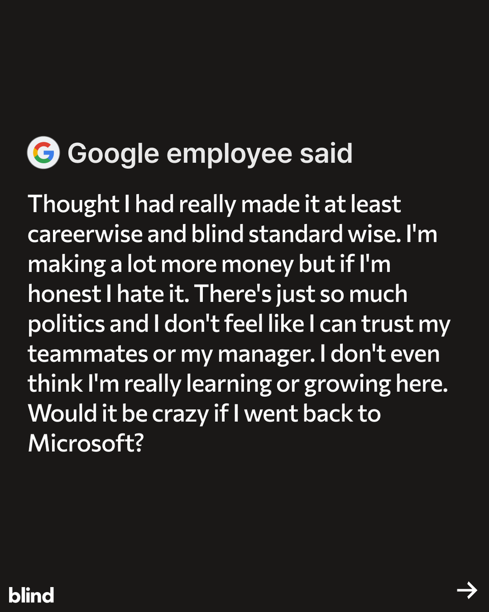 JoinBlind's tweet image. A former Microsoft engineer says switching to Google was “the worst career decision.”
Here’s why—and what other employees said in the comments.
Read the full post on Blind.
#BlindInsights #BigTech #CareerAdvice