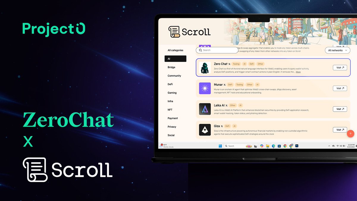 ProjectZeroIO's tweet image. 🌐 Thrilled to be part of the @Scroll_ZKP ecosystem!

🚀 Together, we&apos;re revolutionizing on-chain intelligence with Zero Chat, empowering beginners with #AI queries &amp;amp; Gems via Ask to Earn. 

Join us: app.projectzero.io. 

#ScrollZKP #Ask2Earn #Web3