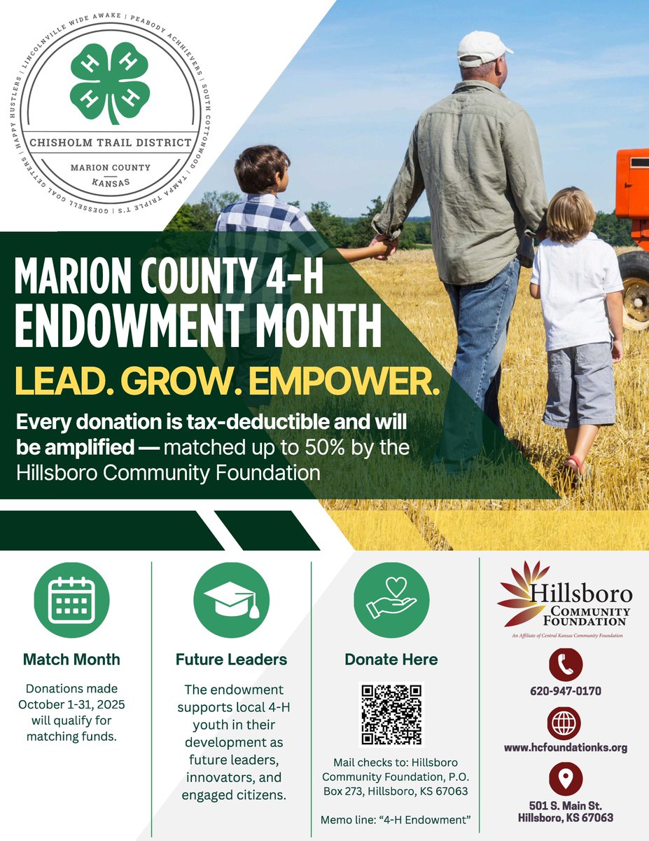 AgServiceInc2's tweet image. Support your local Marion County 4-H🍀district! Through the month of October, every donation is matched up to 50% by the Hillsboro Community Foundation.
 Scan the QR code to donate. 📲