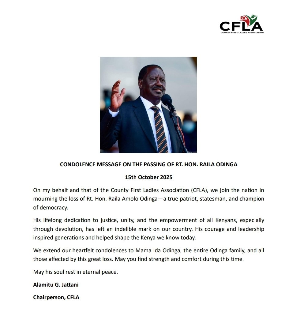 County First Ladies Association (@cfla_kenya) on Twitter photo CONDOLENCE MESSAGE ON THE PASSING OF RT. HON. RAILA ODINGA
We join the nation in mourning the loss of Rt. Hon. Raila Amolo Odinga—a true patriot, statesman, and champion of democracy. CONDOLENCE MESSAGE ON THE PASSING OF RT. HON. RAILA ODINGA
We join the nation in mourning the loss of Rt. Hon. Raila Amolo Odinga—a true patriot, statesman, and champion of democracy.