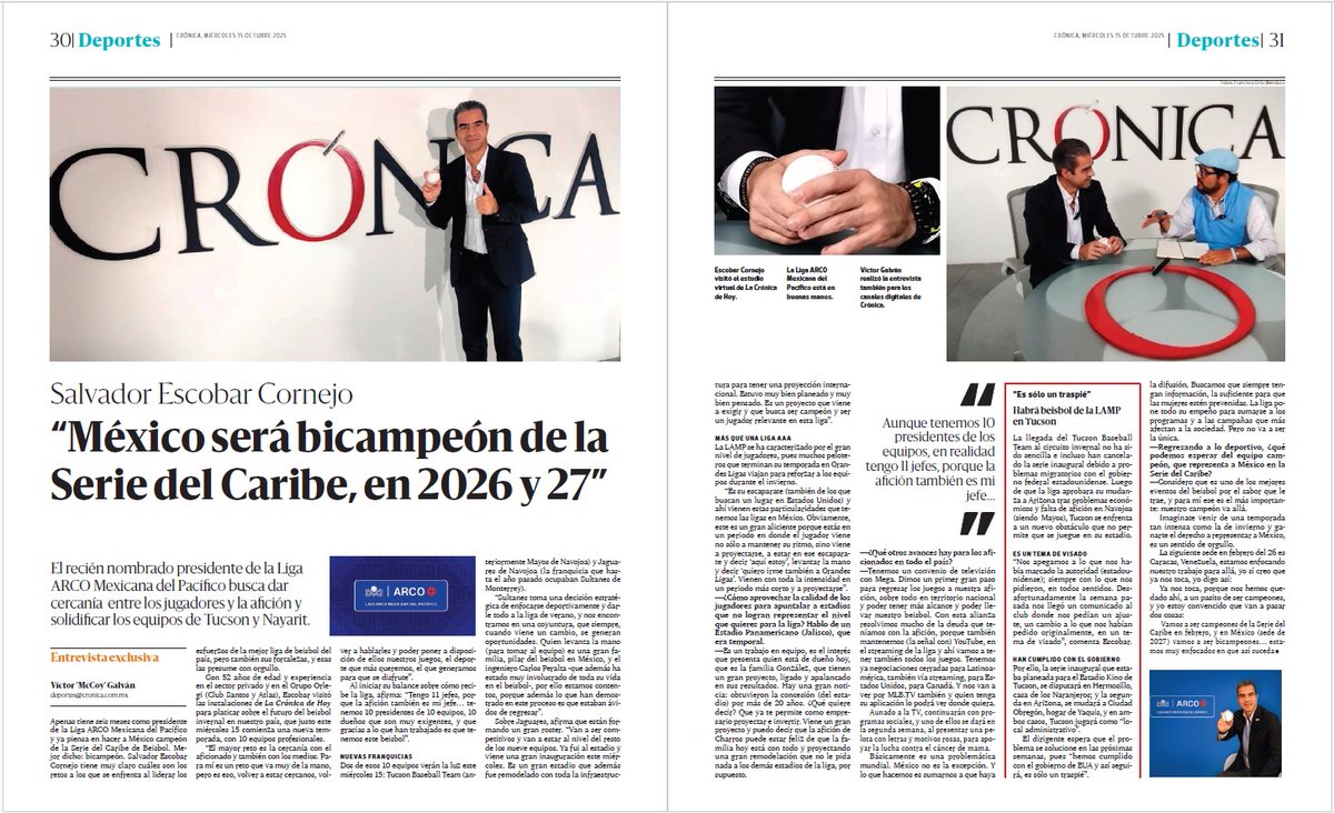 Corran a comprar <a href="/LaCronicaDeHoy/">La Crónica de Hoy</a> para que lean la entrevista que le hice a Salvador Escobar, presidente de <a href="/Liga_Arco/">Liga ARCO Mexicana del Pacífico</a> Mexicana del Pacífico. Hablamos de la Serie del Caribe, <a href="/tucsonbt/">Tucson Baseball Team</a> y <a href="/JaguaresdeNayof/">Jaguares de Nayarit</a>, entre otros temas... #Beisbol #PlayBall