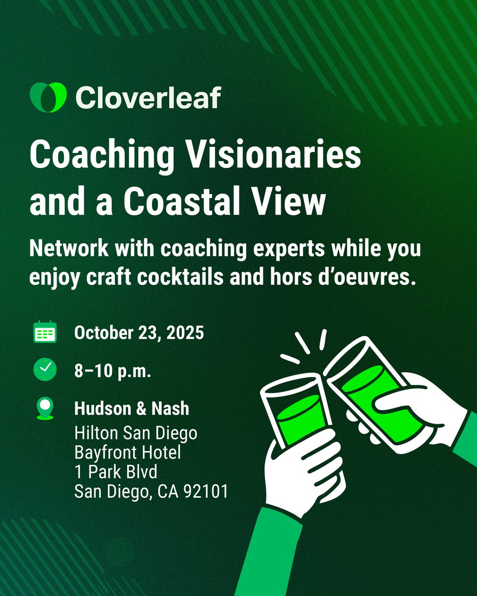 Join Cloverleaf and a diverse network of coaching experts for a relaxed networking reception with craft cocktails and a delicious spread of heavy hors d’oeuvres.

📍 Hudson &amp; Nash | Hilton San Diego Bayfront
🗓️ October 23 | 8- 10 PM

👉 RSVP now: cloverleaf.me/san-diego-happ…