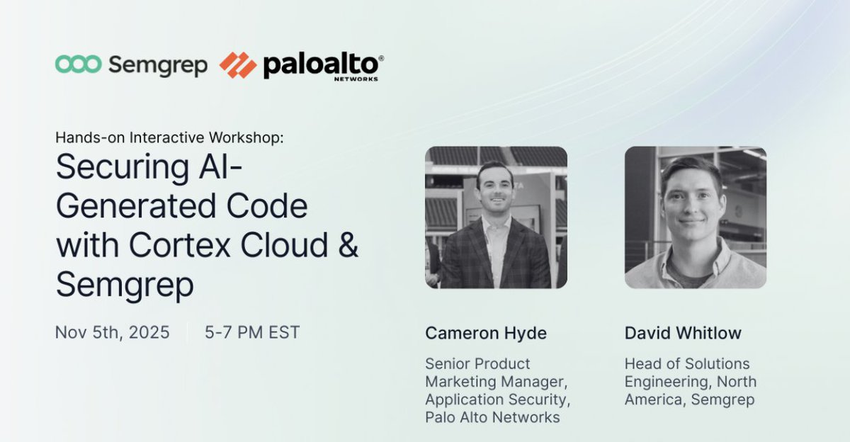 semgrep's tweet image. Heading to OWASP Global AppSec US in D.C.?
Join @PaloAltoNtwks + @semgrep for our hands-on interactive workshop: Securing AI-Generated Code with @cortexbypanw & Semgrep.
📍 Nov 5, 5–7pm EST | Westin DC, Downtown (across from OWASP Global AppSec)
⚡ Learn how to detect,…