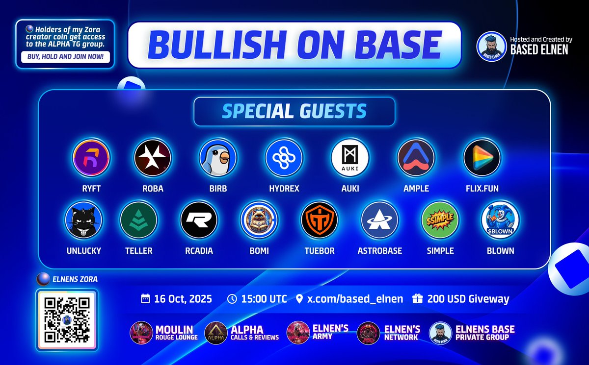 🎙BULLISH ON @BASE 🟦
🔹THURSDAY 16.10. 15:00 UTC ⌛️
💵 GIVEAWAY → 200 USD

🧾RULES ⤵️
1️⃣LIKE &amp; RT.
2️⃣TAG 2 FRIENDS.
3️⃣FOLLOW <a href="/base/">Base</a>d_elnen.
4️⃣JOIN SPACES 👉 x.com/i/spaces/1DXxy…

💹 TG private for Base investors ⤵️
t.me/+ZYBbN5g9C7xhY…