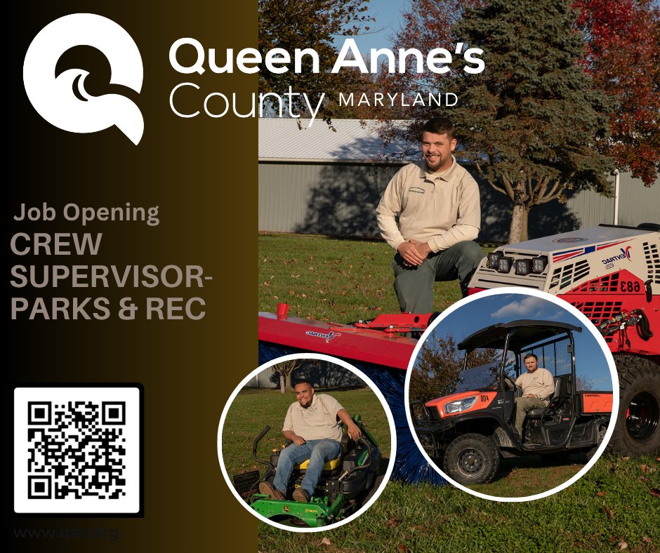 CREW SUPERVISOR (RANGER) - PARKS MAINTENANCE

Posting start &amp; end date10/15/2025 - 10/29/2025, EOE
Salary Range, $54,378.00-$104,719.00
FULL-TIME

To apply: queenannescountymd.tylerportico.com/tess/citizen/j…
View benefits: qac.org/213/Benefits