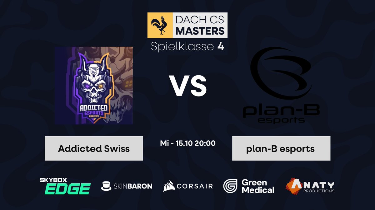 Wir spielen heute Abend gegen <a href="/planBesports/">plan-B esports</a> in den <a href="/dachcs/">DACH CS Masters</a> Masters

GL &amp; HF

#GoAddicted