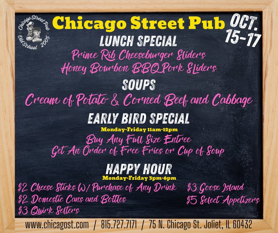 Chi_Street's tweet photo. Check out Our Specials
Thursday 7pm Will Ferrell Trivia W/Kelly
Friday 8pm Crooked Tails
Saturday Open 4pm
Sunday Closed https://t.co/uCRXsuE8az