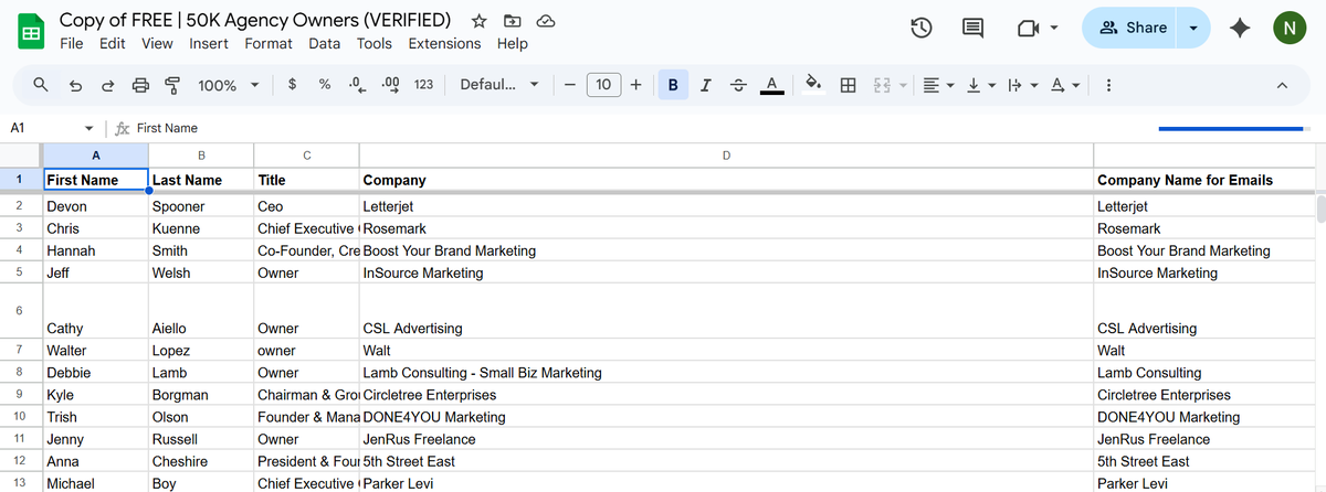 JUST FINISHED BUILDING A LIST OF 50,000+ AGENCY OWNERS

Includes founders, CEOs, and decision makers from top marketing, creative, and digital agencies.

Each record comes with:
- Direct emails
- Phone numbers
- LinkedIn profiles

Normally sold for $4597, but I’m sharing it here