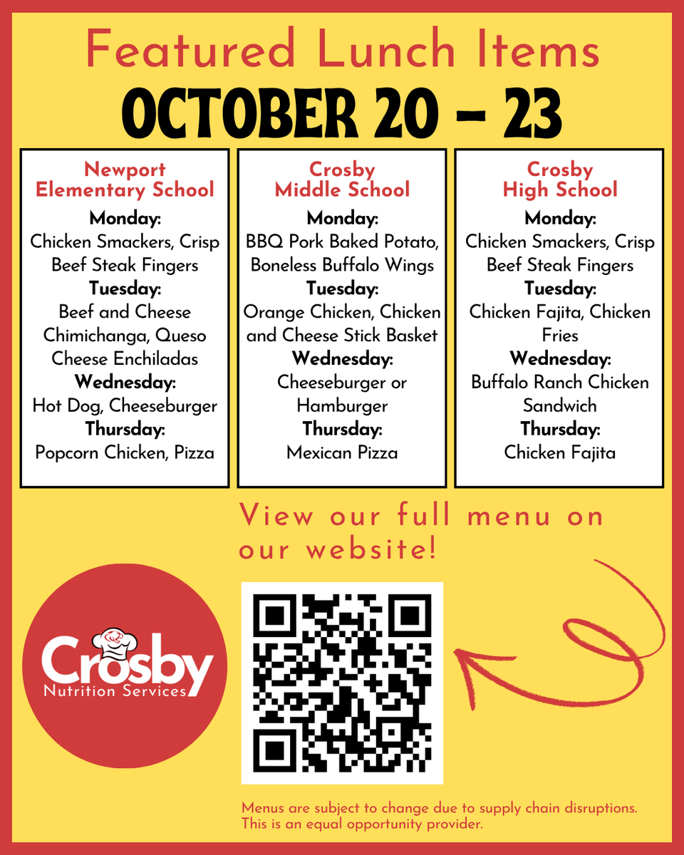 Get ready for a week of culinary delights in <a href="/CrosbyISD/">Crosby ISD</a> cafeterias! 🍽️✨

Please see our complete menu on our website: schoolcafe.com/menus/0

*Menus are subject to change due to food availability.

Thank you for your patience and understanding!

<a href="/Crosby_Kinder/">Crosby Kindergarten Center</a> <a href="/CharlesRDrewES/">Drew Elementary</a>