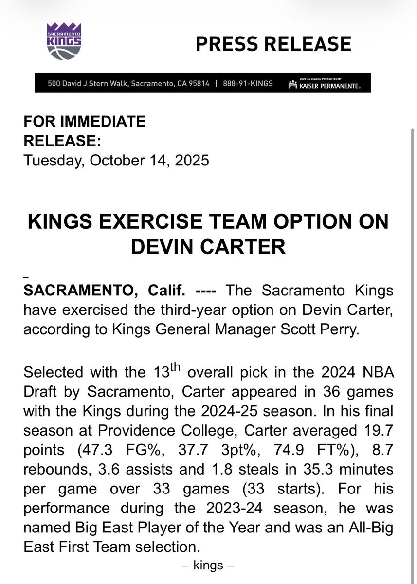I missed this bit of news yesterday evening. Kings pick up the third year team option on Devin Carter. 