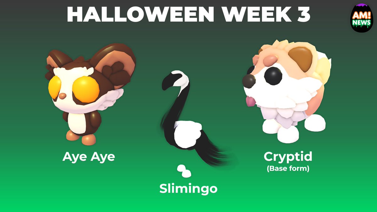 Community-posted Halloween pet lineup graphic Community-posted Adopt Me Halloween Week 3 pet lineup graphic with Aye Aye, Slimingo and Cryptid