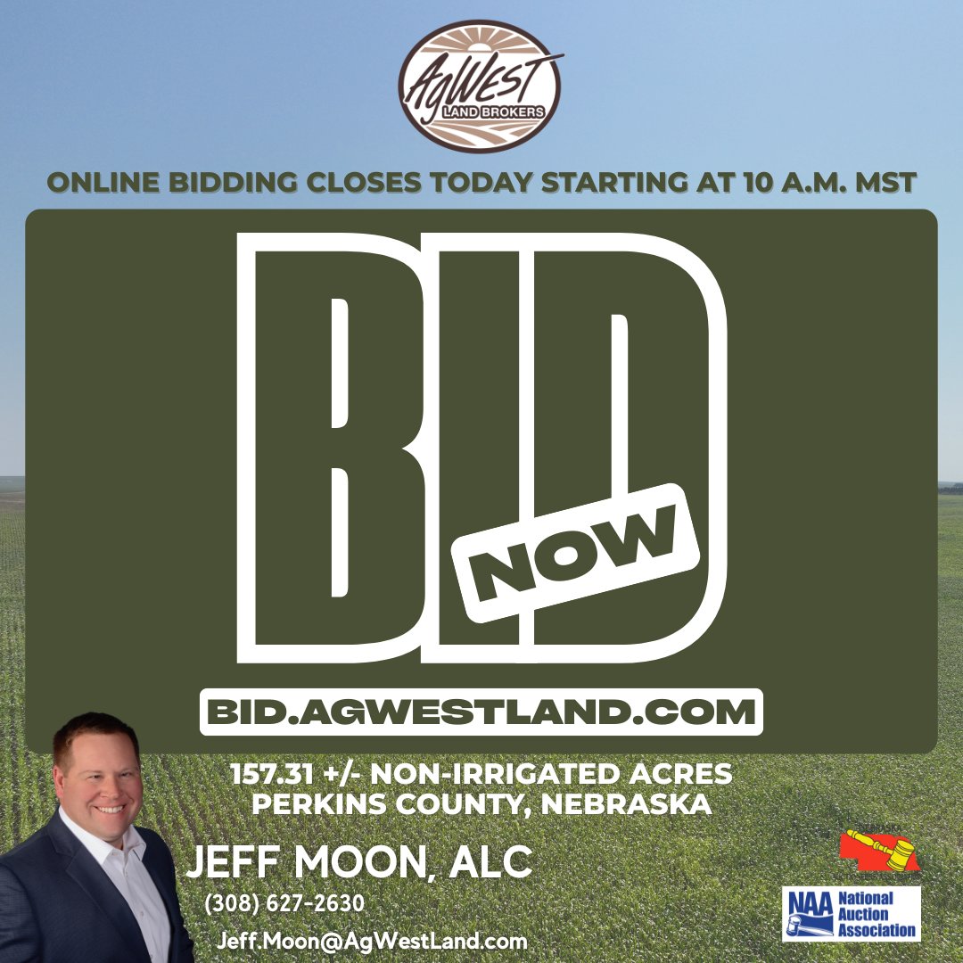 BID NOW! bid.agwestland.com

Agents will be at the AgWest Commodities Conference Room in Holdrege, NE to assist buyers.

View the property on our website: //agwestland.com/property/online-auction-157-acre-dryland-farm-perkins-county-ne/ 
#LandAuction #AgWestLandBrokers