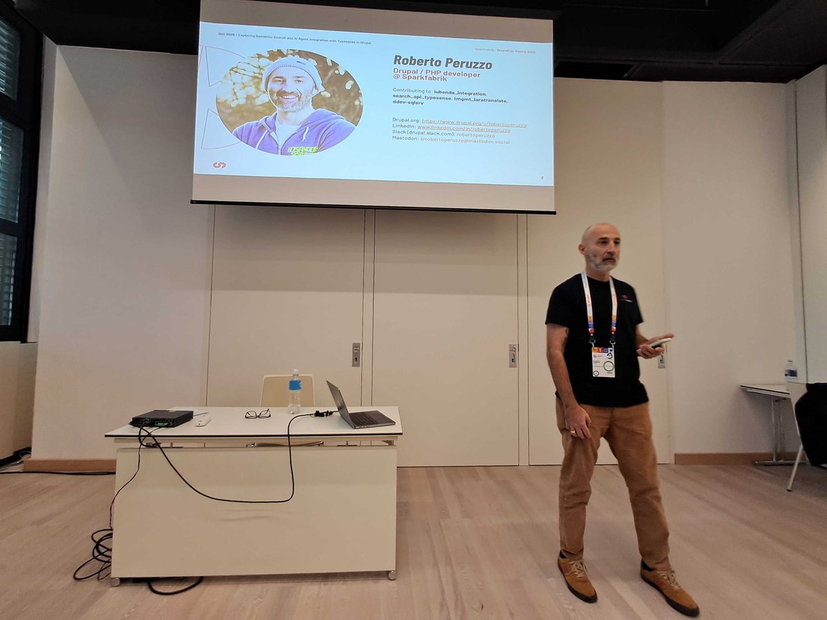 SparkFabrik's tweet photo. This afternoon, our Roberto led a BOF session at DrupalCon Vienna 2025!

#SemanticSearch is an advanced feature that can be easily implemented in #Drupal thanks to the #Typesense module, which Roberto maintains... and loves to talk about!

#SparkFabrik #BeTheSpark #DrupalCon https://t.co/lv0ZOmMZn4