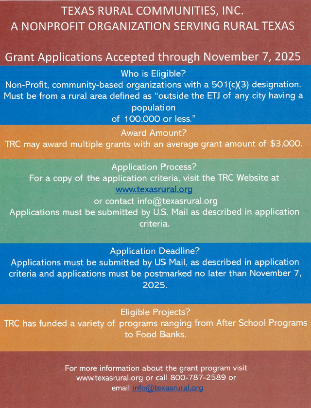 Senator Kevin Sparks (@kevinsparkstx) on Twitter photo 🚨 Rural Texas nonprofits — don’t miss out!
Grants up to $3,000 available through Nov. 7, 2025 from Texas Rural Communities, Inc. 🌾
Apply today ➡️ texasrural.org 🚨 Rural Texas nonprofits — don’t miss out!
Grants up to $3,000 available through Nov. 7, 2025 from Texas Rural Communities, Inc. 🌾
Apply today ➡️ texasrural.org