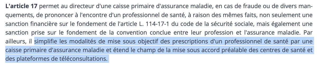 Projet de loi "luttes contre les fraudes sociales et fiscales" dans son article 17 simplifie les modalités de MSO des prescriptions d'un PS par une CPAM et étend le champ de la MSAP des centres de santé et des plateformes de téléconsultations. 

<a href="/FMFofficiel/">FMF_Fédération des Médecins de France</a>