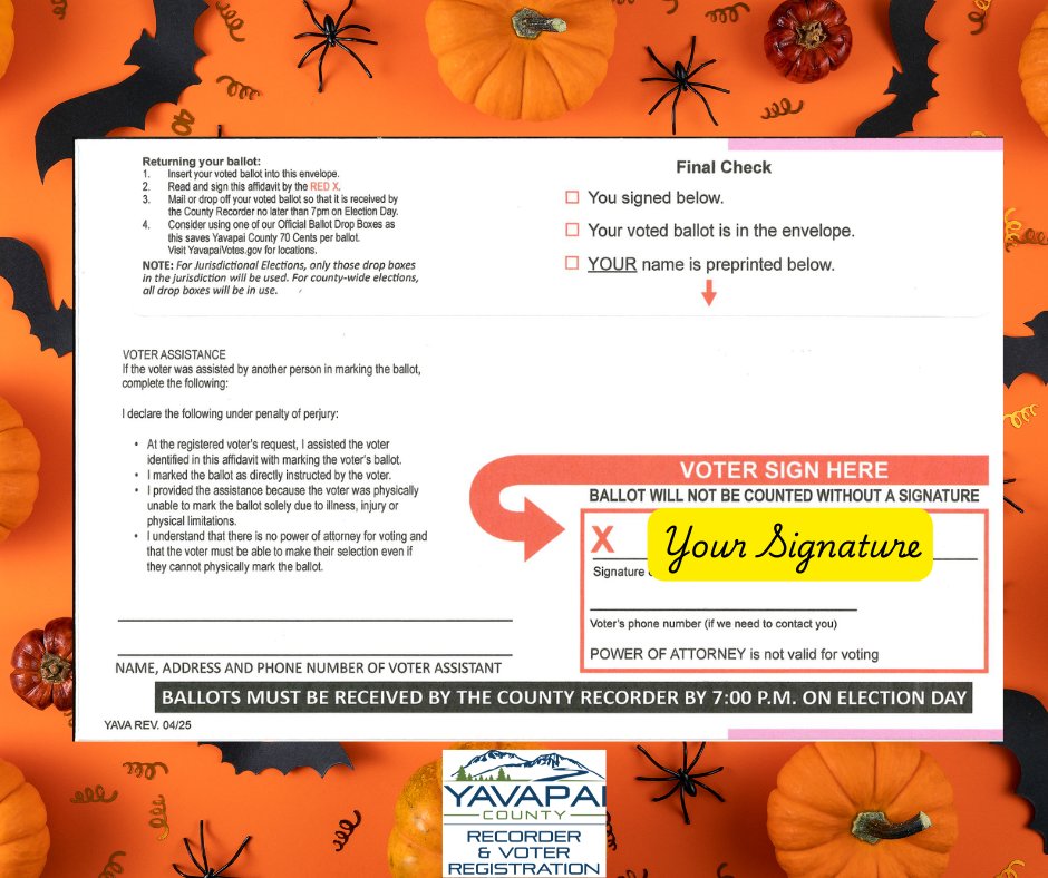 YavapaiRecorder's tweet image. Nothing is scarier than forgetting to sign your ballot affidavit envelope. Make sure your vote counts and sign YOUR ballot envelope!